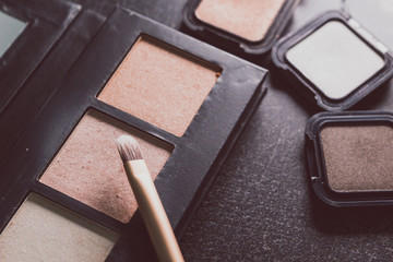 natural toned bronzers eyeshadows and highlighters  with brush on dark background