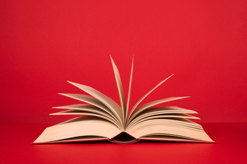 Open book with pages on a red background