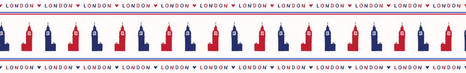 Fototapeta na wymiar silhouette,red blue white,hand drawn,london,big ben,seamless vector border,endless washi tape,repeating,banner ribbon,edge trim,band,edging,trimming,continuous,chime,isolated,clock tower,i love london