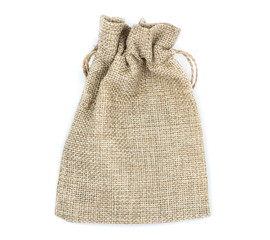 Burlap gift bags on isolated white background