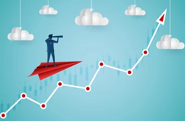 Fotobehang One Businessman standing holding binoculars on a paper plane flying up into the sky while flying above a arrow graph. business finance success. leadership. startup. creative idea. cartoon vector © Ton Forio