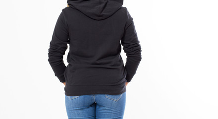Beautiful Afro American Girl In Black Sweatshirt On White Background Isolated. Black Woman in hoodie mock up : Back View cropped image