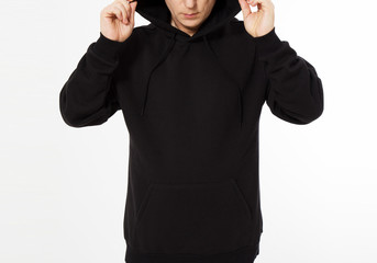 middle-aged man in a black hooded sweatshirt looks down - front view, mock up cropped image
