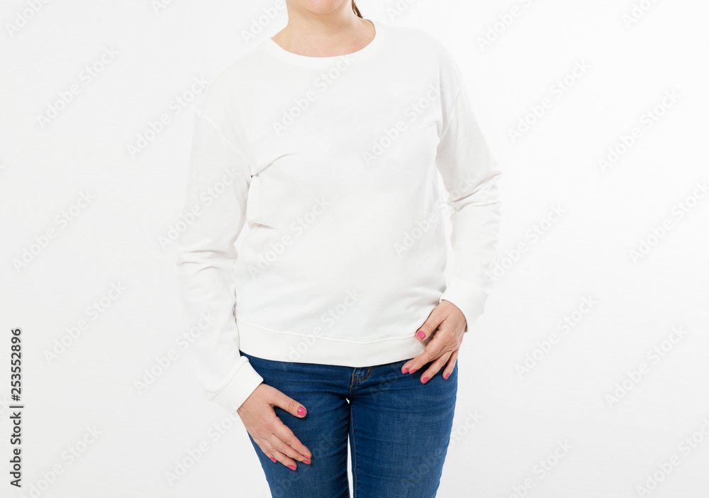 Canvas Prints White long sleeve t-shirt on smile middle aged woman in jeans isolated, front , mockup cropped image