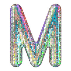 Disco font, letter M from glitter mirror facets. 3D rendering