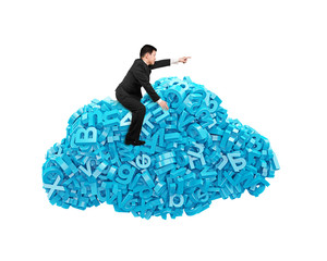 Big data and cloud computing concept. Businessman riding on cloud of blue letters and numbers, isolated on white background.