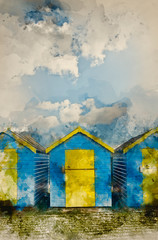 Watercolour painting of Beach Huts agsinst vibrant blue Summer sky