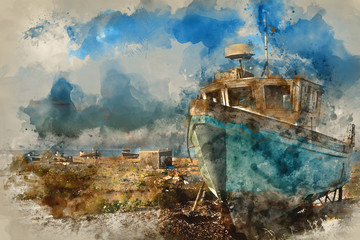 Watercolour painting of Abandoned fishing boat on beach landscape at sunset