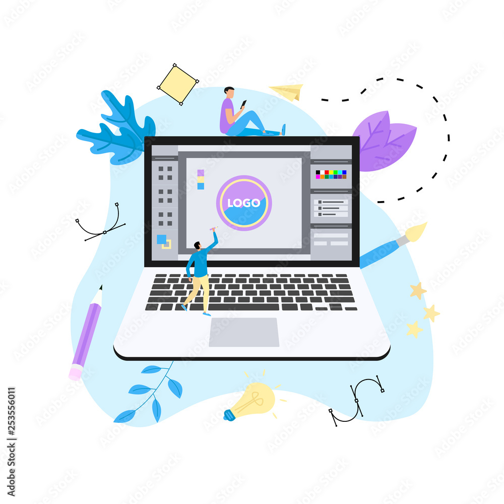 Poster flat vector graphic design concept with computer designer with an open design application with a cre