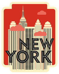Retro design poster New York. Skyscrapers and clouds. Vector drawing