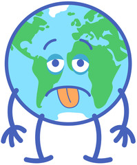 Earth in minimalist cartoon style feeling discouraged and staring at you. It looks exhausted with prominent bags under its eyes. It sticks its tongue out while its arms fall down in sign of distress