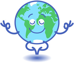 Planet Earth in minimalist cartoon style feeling joyful while keeping in deep meditation. It is doing a Gyan mudra sign with both hands and half-smiling while floating peacefully in half-lotus pose