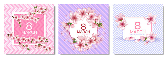 8 March Happy Women's Day vector cards set.