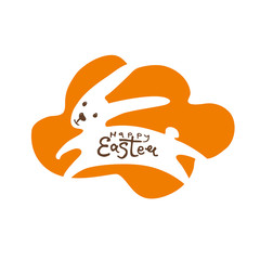 Happy Easter. Cute sticker with the silhouette of the jumping Easter Bunny on a background of orange blot. Vector Easter bunny and handwritten inscription.
