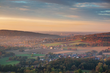 Sunset over village Steinbergen in Germany