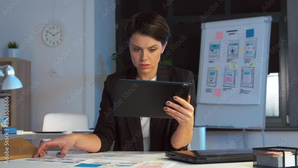 Poster business, deadline and technology concept - ui designer with tablet pc computer and templates workin