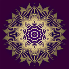 Fototapeta na wymiar Pattern Of Mandala. Vector Illustration. Modern Decorative Floral Color Mandala. Decorative Cicle Ornament. Floral Design. Purple gold color