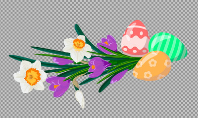 Easter eggs with bouquet of white daffodils and violet crocuces. Easter still life. Vector illustration