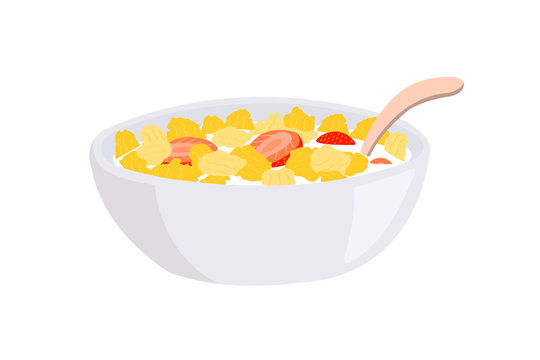 Corn flakes and strawberry in a bowl with milk and spoon isolated on white background.