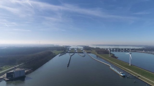 The Volkerak water locks, part of the Dutch Delta Works and the largest inland water locks in Europe