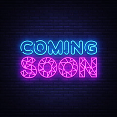 Coming Soon neon sign vector. Coming Soon Design template neon sign, light banner, neon signboard, nightly bright advertising, light inscription. Vector illustration