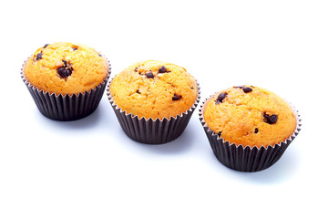 Cupcake, muffin with raisins and chocolate isolated on white background. Delicious homemade Muffins. Top view.