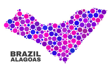 Mosaic Alagoas State map isolated on a white background. Vector geographic abstraction in pink and violet colors. Mosaic of Alagoas State map combined of random spheric items.