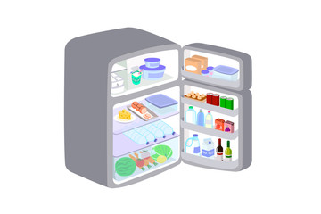 Grey refrigerator was opened the door isolated on white background. Refrigerator keeps fruits and food to maintain freshness.