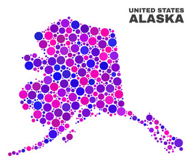Mosaic Alaska map isolated on a white background. Vector geographic abstraction in pink and violet colors. Mosaic of Alaska map combined of scattered round dots.