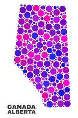 Mosaic Alberta Province map isolated on a white background. Vector geographic abstraction in pink and violet colors. Mosaic of Alberta Province map combined of scattered circle dots.