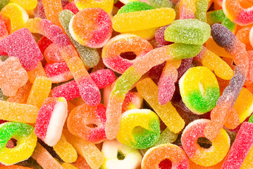 Assorted gummy candies. Top view. Jelly  sweets.