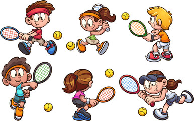Cartoon kids playing tennis clip art. Vector illustration with simple gradients. Each on a separate layer. 