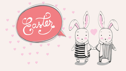Couple Bunny hand writing style vector illustration for greeting and invitation card. Happy Easter celebration