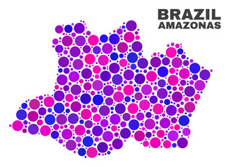 Mosaic Amazonas State map isolated on a white background. Vector geographic abstraction in pink and violet colors. Mosaic of Amazonas State map combined of scattered circle points.