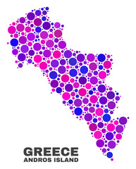 Mosaic Andros Island of Greece map isolated on a white background. Vector geographic abstraction in pink and violet colors. Mosaic of Andros Island of Greece map combined of random circle dots.