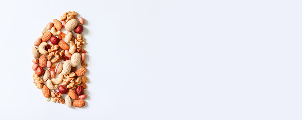 Hazelnuts, cashews, peanuts, walnuts, almonds in the shape of the brain