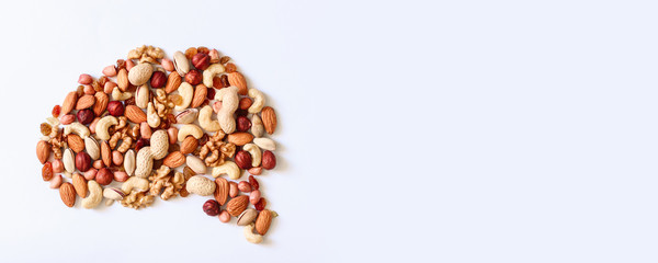 Hazelnuts, cashews, peanuts, walnuts, almonds in the shape of the brain