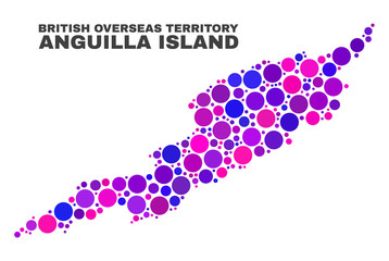 Mosaic Anguilla Island map isolated on a white background. Vector geographic abstraction in pink and violet colors. Mosaic of Anguilla Island map combined of scattered round items.