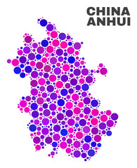 Mosaic Anhui Province map isolated on a white background. Vector geographic abstraction in pink and violet colors. Mosaic of Anhui Province map combined of random spheric items.