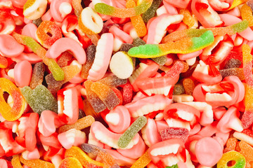 Assorted gummy candies. Top view. Jelly  sweets.