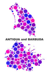 Mosaic Antigua and Barbuda map isolated on a white background. Vector geographic abstraction in pink and violet colors. Mosaic of Antigua and Barbuda map combined of scattered spheric points.