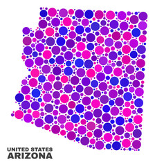 Mosaic Arizona State map isolated on a white background. Vector geographic abstraction in pink and violet colors. Mosaic of Arizona State map combined of scattered spheric items.