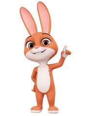 Cartoon rabbit character shows a finger on an empty space on a white background. 3d rendering....