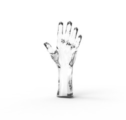 Glass hand on a white background. 3d image, 3d rendering