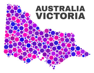 Mosaic Australian Victoria map isolated on a white background. Vector geographic abstraction in pink and violet colors. Mosaic of Australian Victoria map combined of random spheric dots.