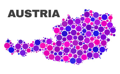 Mosaic Austria map isolated on a white background. Vector geographic abstraction in pink and violet colors. Mosaic of Austria map combined of scattered circle elements.