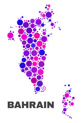 Mosaic Bahrain map isolated on a white background. Vector geographic abstraction in pink and violet colors. Mosaic of Bahrain map combined of scattered spheric points.