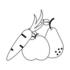 vegetables and fruits in black and white