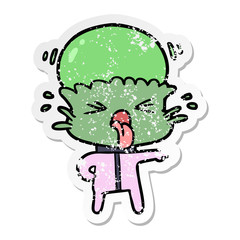 distressed sticker of a weird cartoon alien pointing