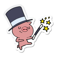 sticker of a happy cartoon pig magician